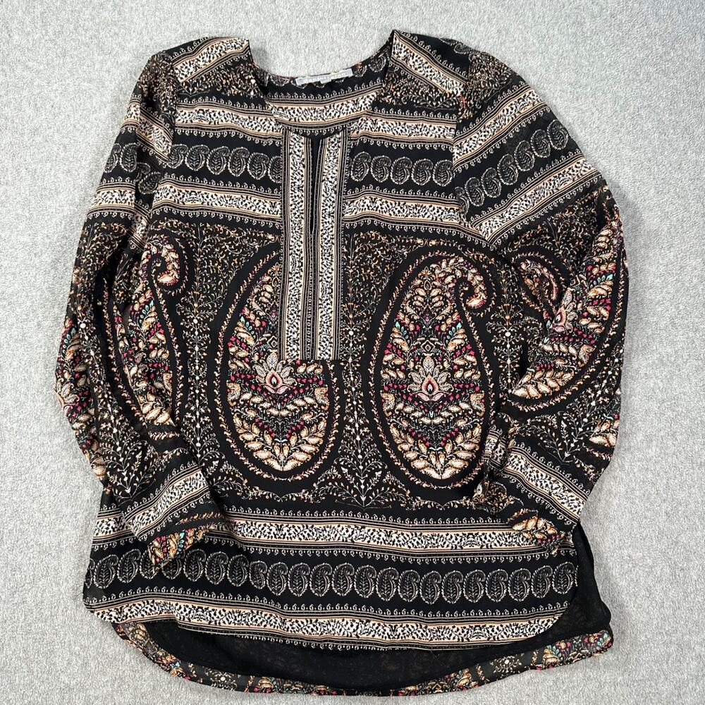 Daniel Rainn Paisley Popover Tunic Blouse Size Small Black 3/4 Sleeve Split Neck